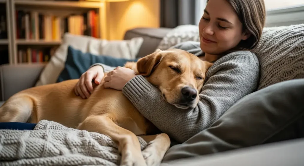 Dog Cuddled Up with Owner