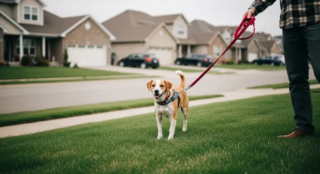 Dog on morning walk in neighborhood