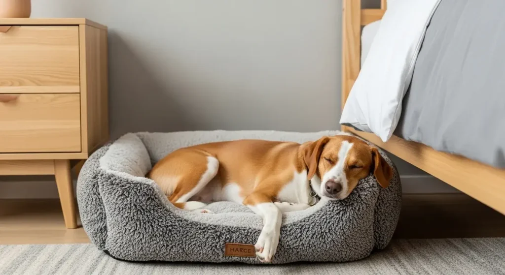 Dog sleeping in cozy dog bed