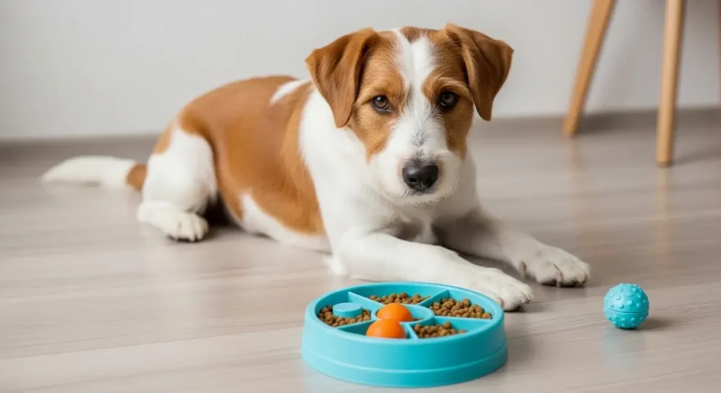 Dog with puzzle feeder toy