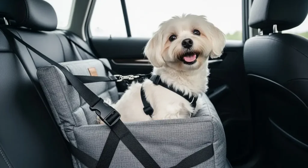 Small Dog in a Booster Car Seat