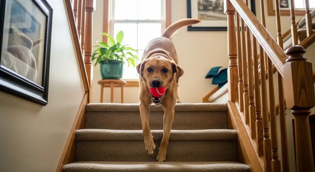 Staircase Fetch Game with Dog