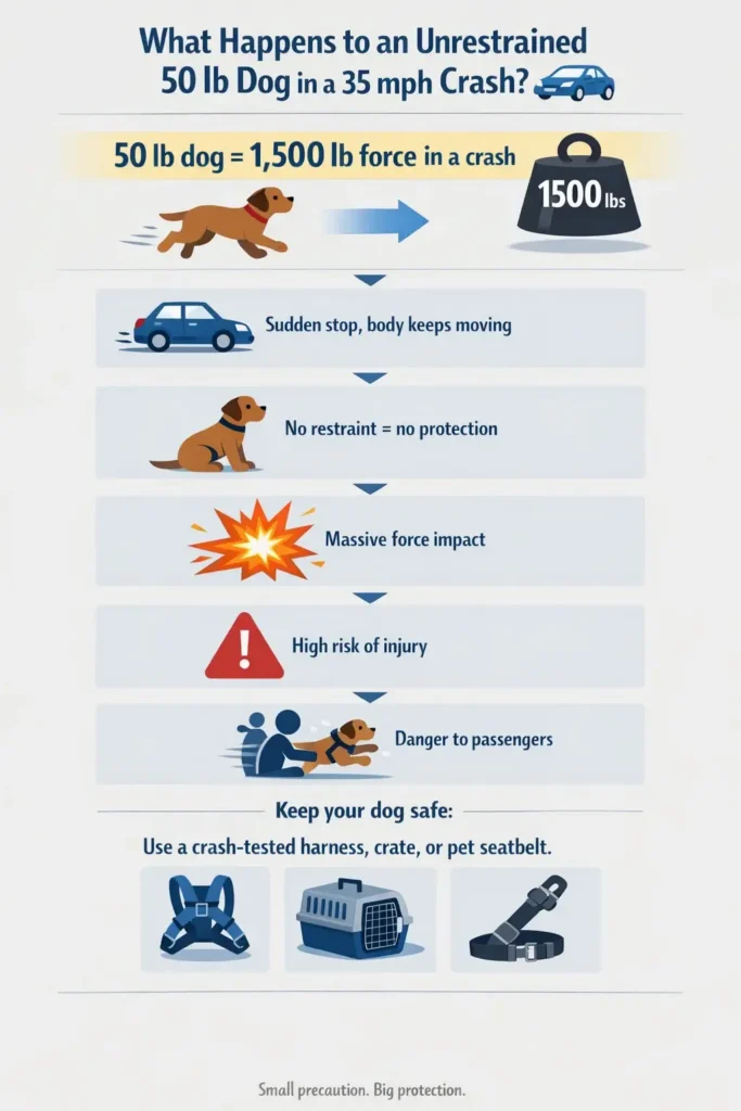 What happens to an unrestrained 50 lb dog in a 35 mph crash