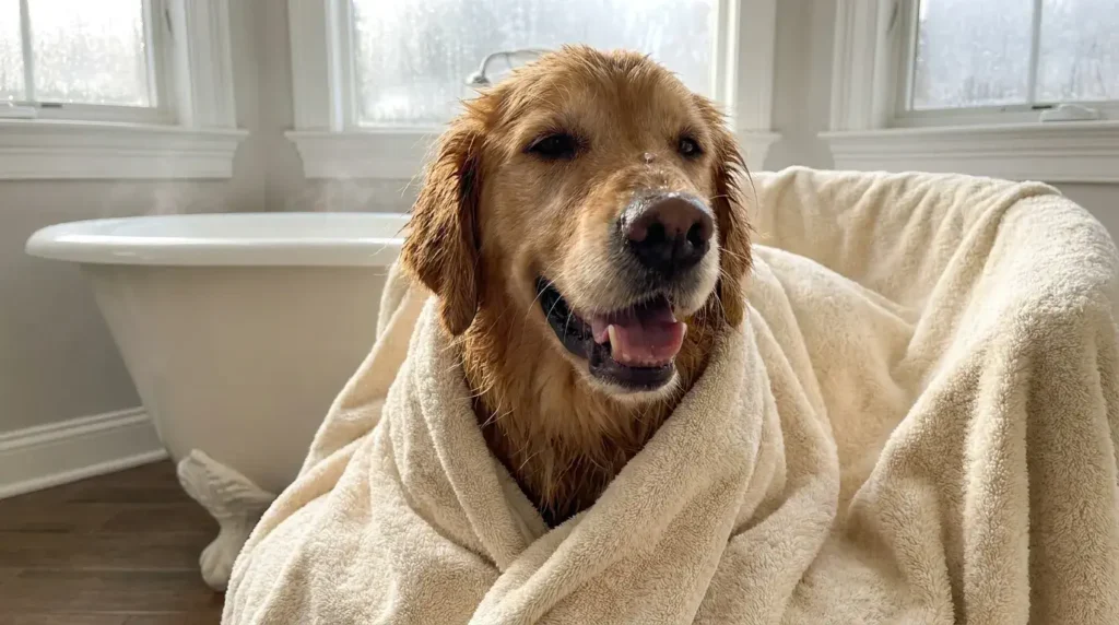 Golden Retriever Wrapped in Towel