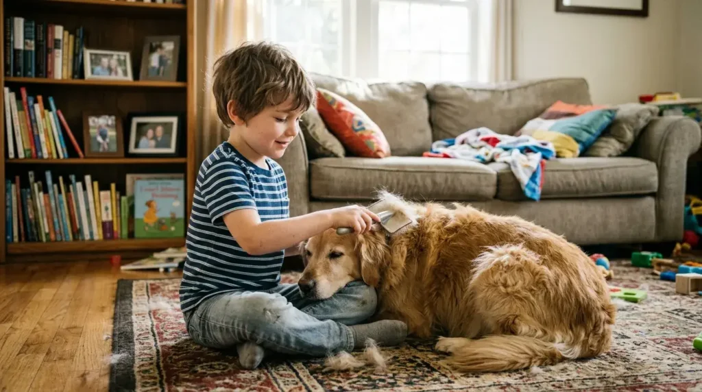 Kid Brushing Pet Dog