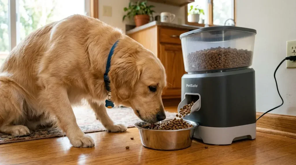 Dog feeding from automatic feeder