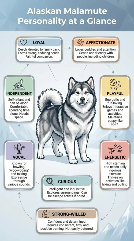 Alaskan Malamute personality traits infographic